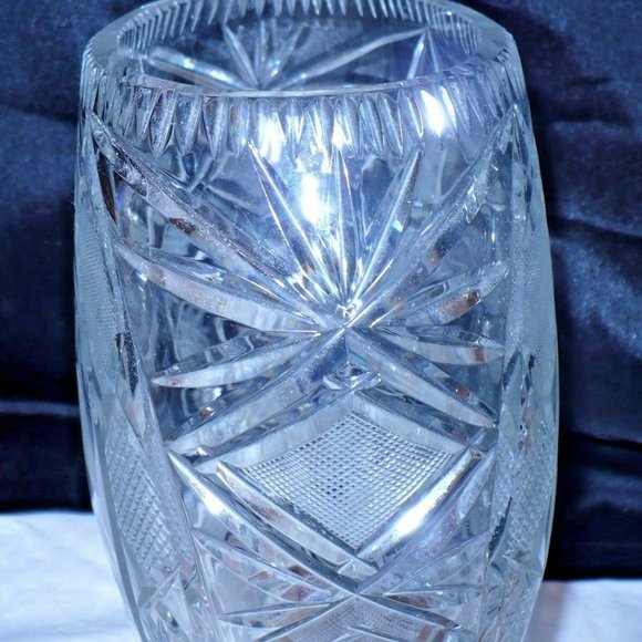 Vintage Bohemian Czech 6 lbs Crystal Vase Hand Cut Oval Etched - Picture 2 of 6
